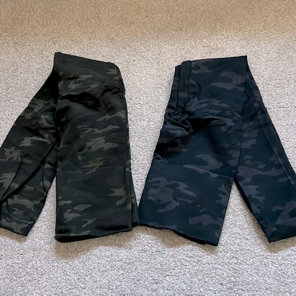 Two pairs of Spanx camo Look At Me Now seamless leggings - blue/grey and green